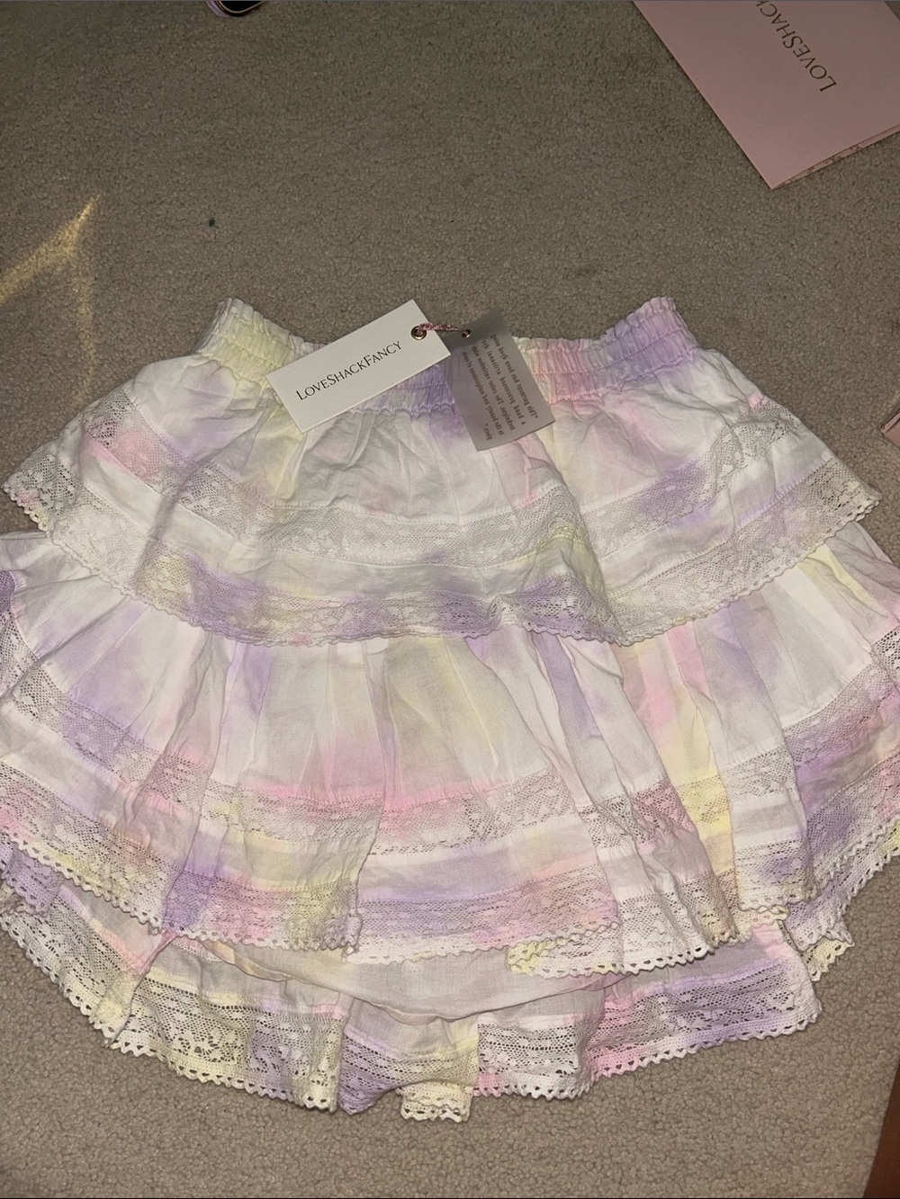 LoveShackFancy White Tiered Mini Skirt with Pastel Pink, Lavender & Yellow Wash